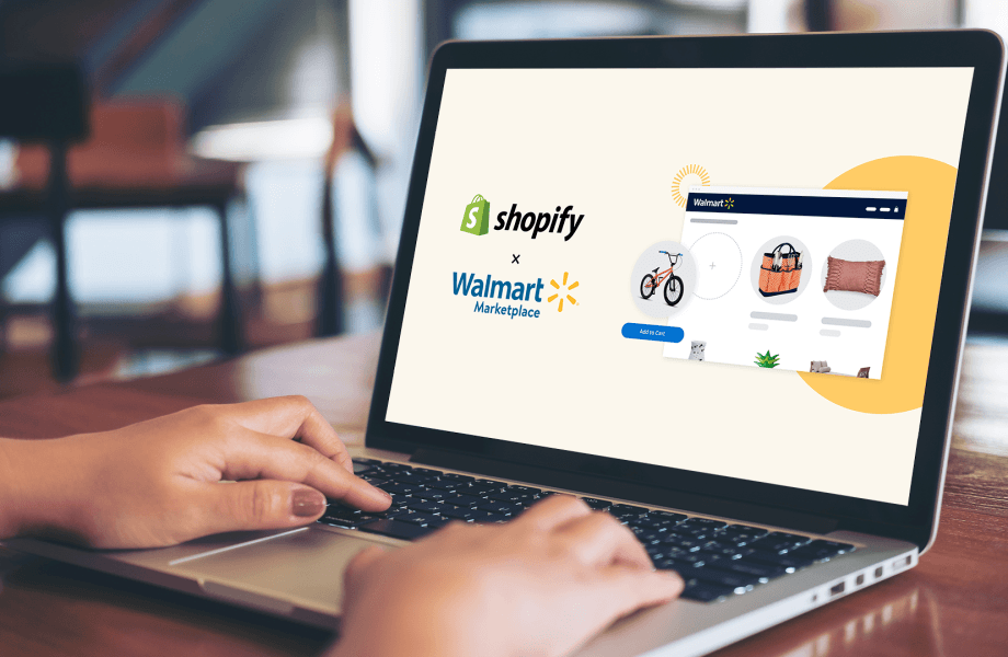 A person browsing an online marketplace integration between shopify and walmart on a laptop screen.