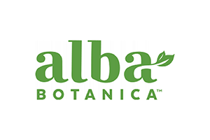 Logo of "alba botanica" featuring stylized green text with a leaf motif.