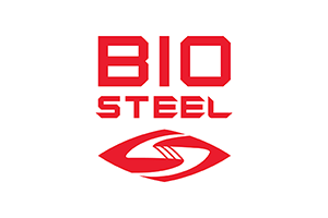 A red and white logo for BioSteel on Amazon featuring stylized text and an abstract design.