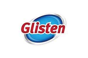 Logo of "glisten" featuring red text over a blue, elliptical background with a white outline.