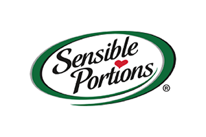 Logo of sensible portions featuring an oval outline, company name, and a heart symbol.