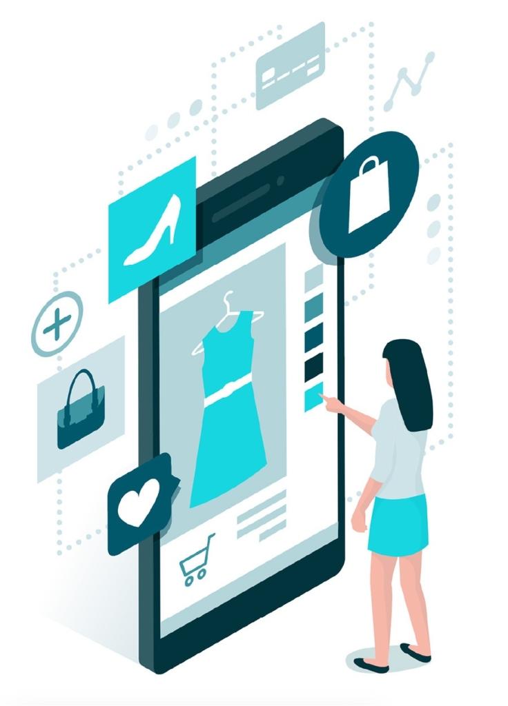 Illustration of a woman using a giant smartphone to shop online, with icons representing various ecommerce features.