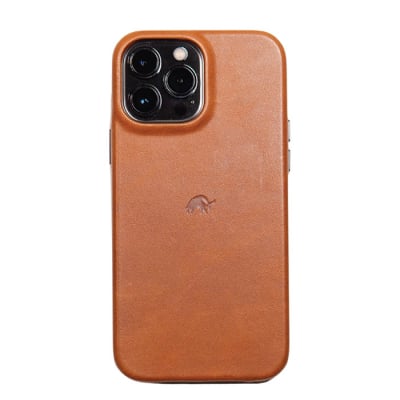 Bullstrap brown leather smartphone case with triple-camera cutout.