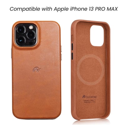 Bullstrap Creative leather smartphone case for Apple iPhone 13 Pro Max with MagSafe compatibility.