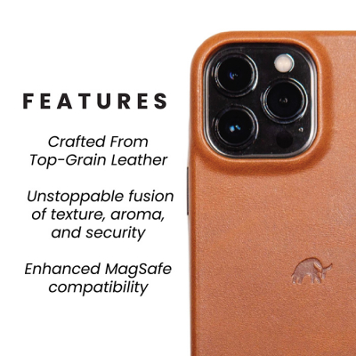 Brown leather Bullstrap smartphone case, highlighting its top-grain leather construction and MagSafe compatibility, displayed with a phone's camera lenses visible.