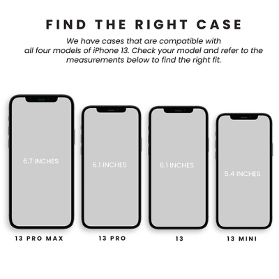 Illustration by Bullstrap Creative of four iPhone 13 models with varying screen sizes to help consumers find compatible cases: a case study.