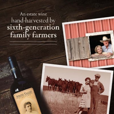 A bottle of Chateau Ste Michelle estate wine with a background showcasing images of multi-generational family farmers.